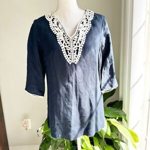 Linen Blend Context Navy Blue Blouse 3/4 Sleeve Size Small Lord and Taylor